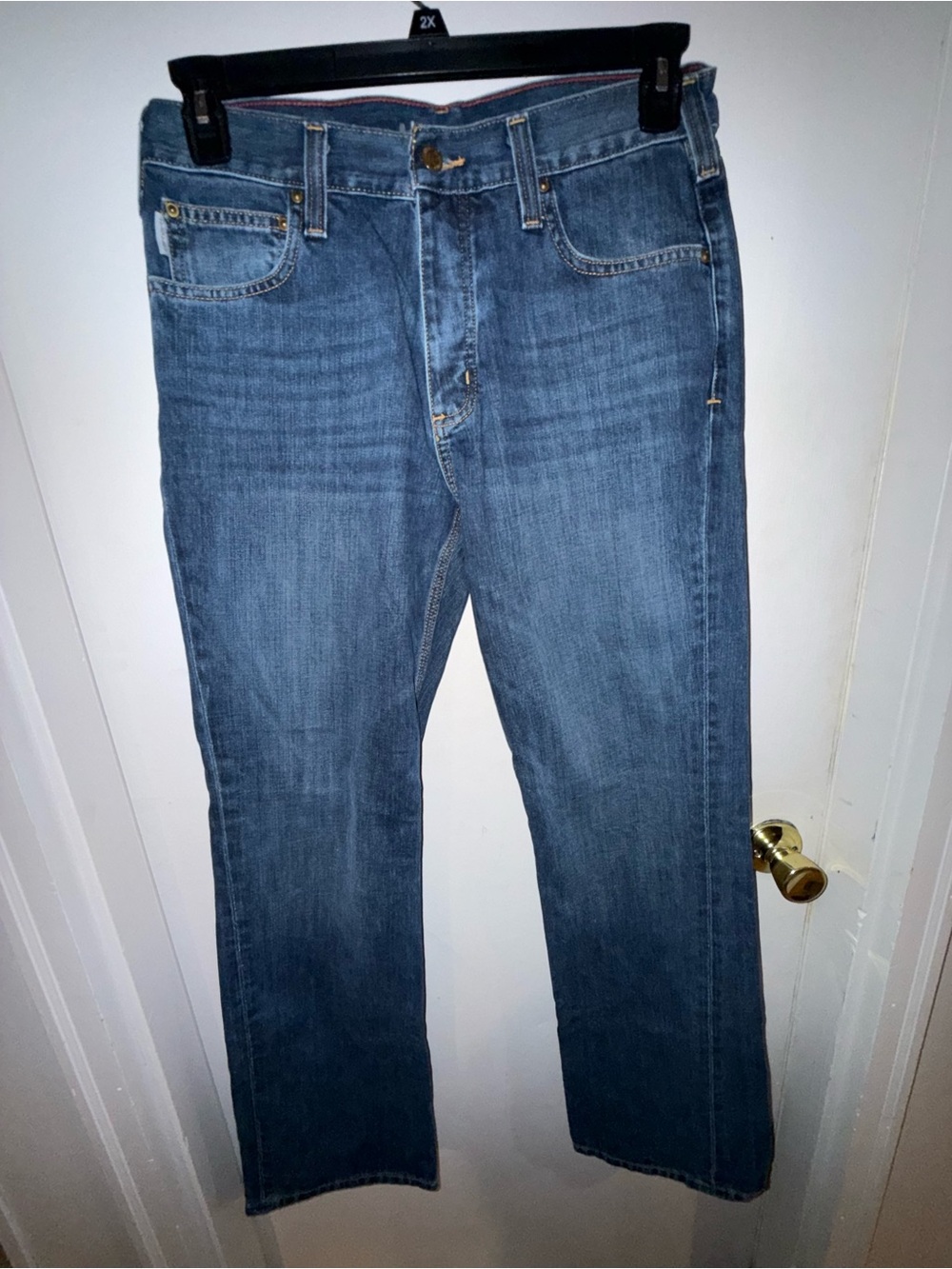 Carhartt Men's Bootcut Jeans - Medium Blue Denim button fly